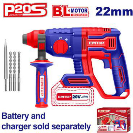 Emtop Schlag Meißelhammer Batterie Brushless 20V Solo mit Aufnahme SDS Plus ELRH20208