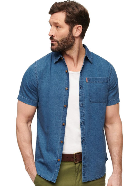Superdry Loom Κοντομάνικο Τζιν Πουκάμισο Μπλε