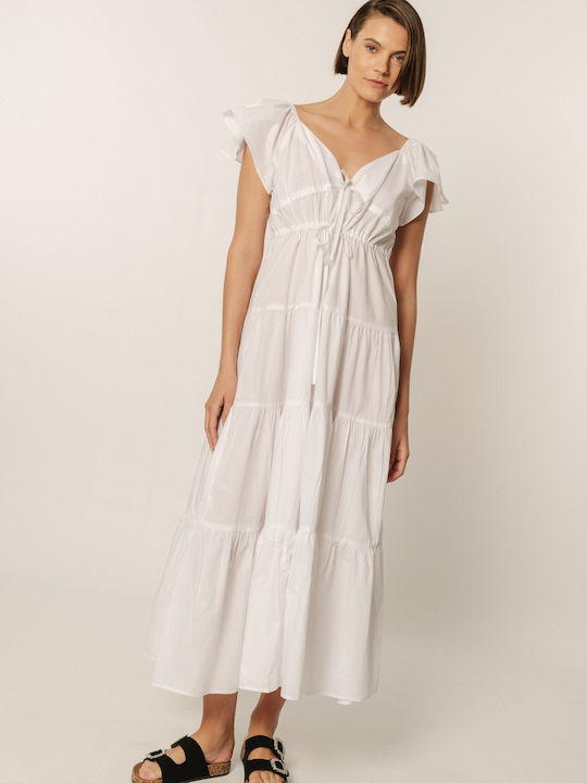 Edward Jeans Καλοκαιρινό Maxi Φόρεμα με Βολάν Λευκό