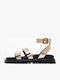 Leather Women's Flat Sandals with Strap in Gold Color
