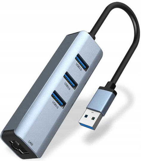 Zenwire USB 3.0 3 Port Hub with USB-A / Ethernet Connection Gray