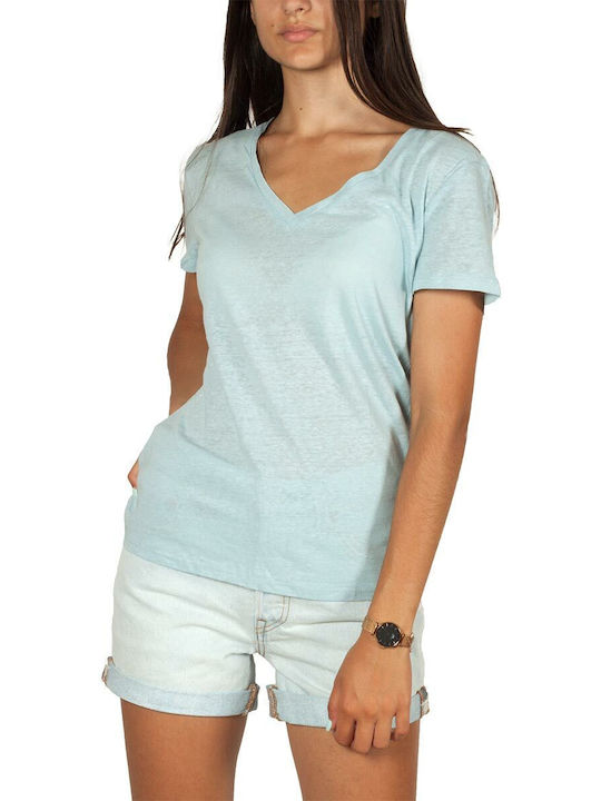 Artlove Women's Summer Blouse Linen Short Sleeve with V Neck Blue