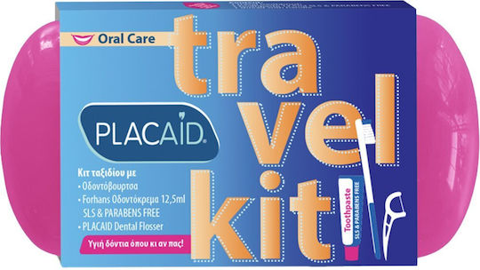 Kit de călătorie pentru îngrijirea orală Plac Aid include periuță de dinți, pastă de dinți și suport pentru ață dentară, 1 bucată, fucsia