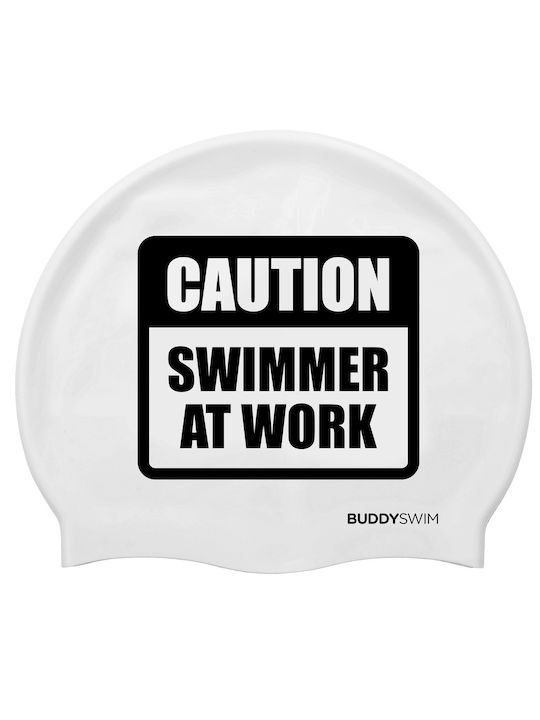 Caution Swimmer At Work Σκουφάκι Κολύμβησης Ενηλίκων από Σιλικόνη Λευκό