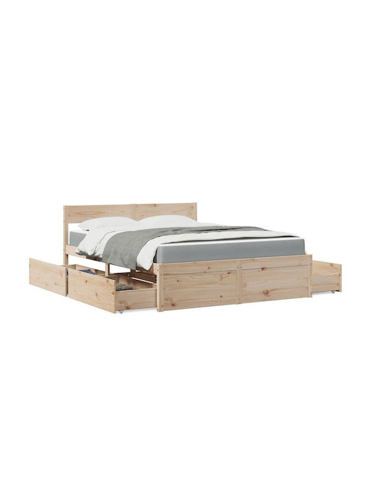 Κρεβάτι Υπέρδιπλο από Μασίφ Ξύλο Καφέ με Τάβλες & Στρώμα 160x200cm