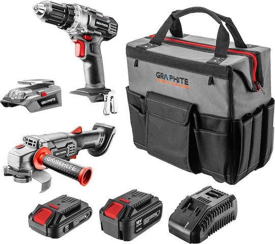 Graphite 58G093-CS Set Eckiges Rad & Bohrschrauber 18V mit 2 Batterien 4Ah - 2Ah und Hülle