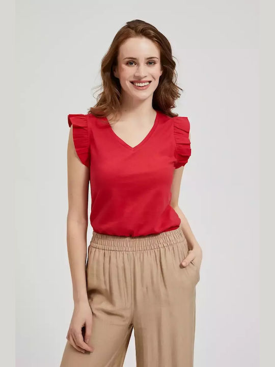 Make your image Women's Blouse Cotton Short Sleeve with V Neckline Red