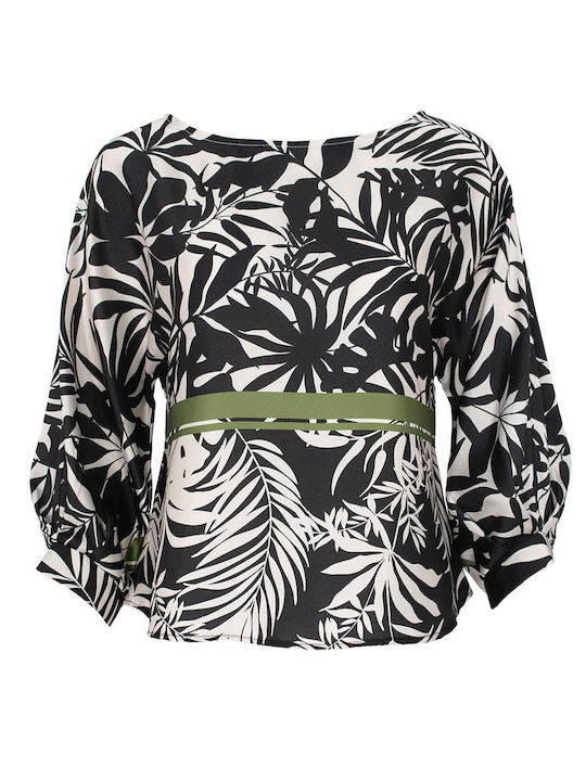 Black and White Printed Satin Blouse