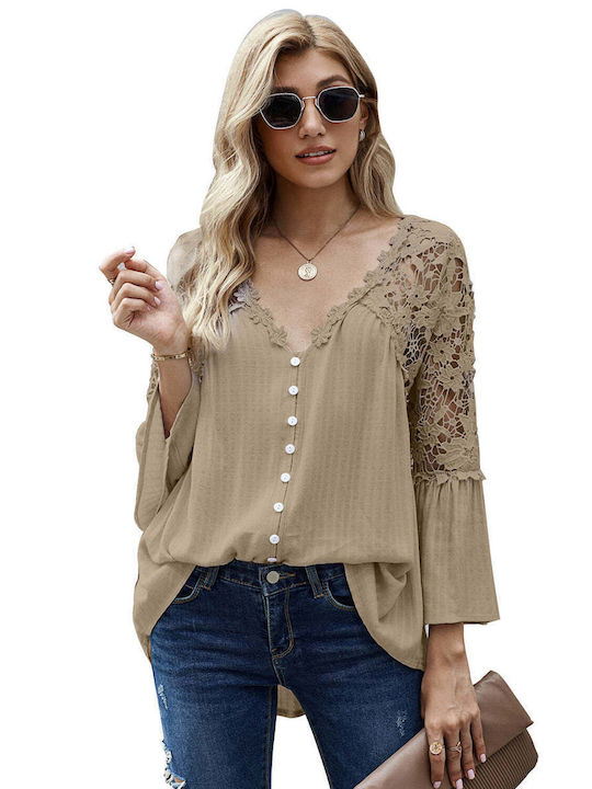 Amely Damen Bluse mit Knöpfen & Spitze Beige