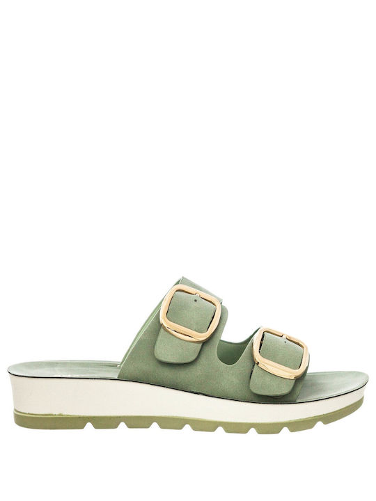 Adam's Shoes Leather Women's Flat Sandals in Green Color