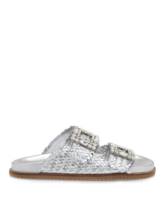 Exe Leather Women's Flat Sandals in Silver Color