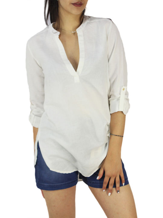 Soft Rebels Summer Linen Tunic with V Neck Off White