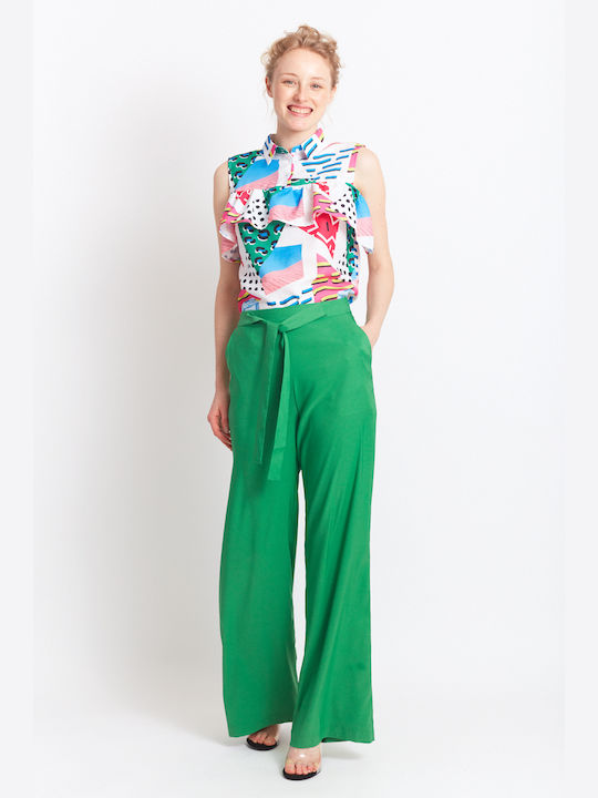 Migle + Me Women's Fabric Trousers in Straight Line green