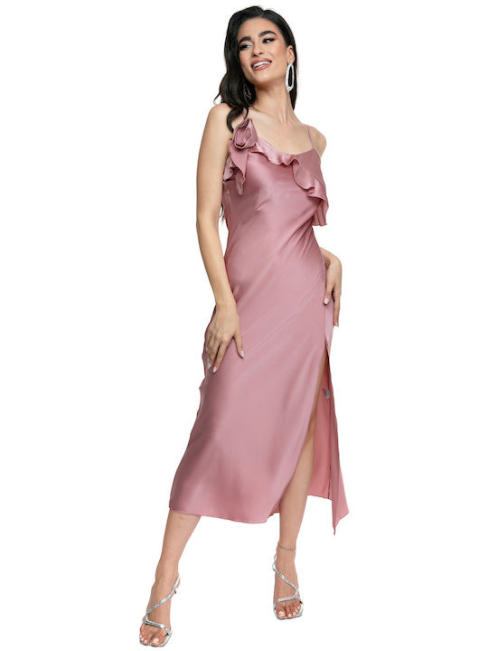 Midi Satin Rosa Kleid Rüschenöffnung