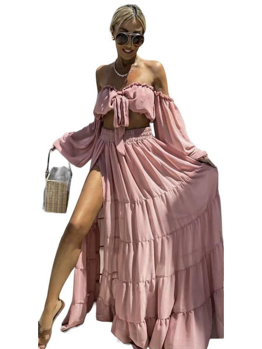 Woman's Fashion Maxi Φόρεμα με Βολάν Ροζ