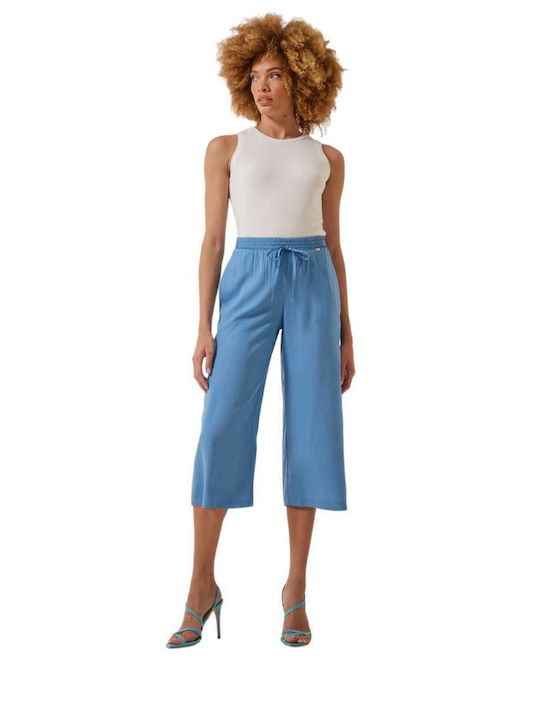 Enzzo Women's High-waisted Fabric Capri Trousers with Elastic Light Blue