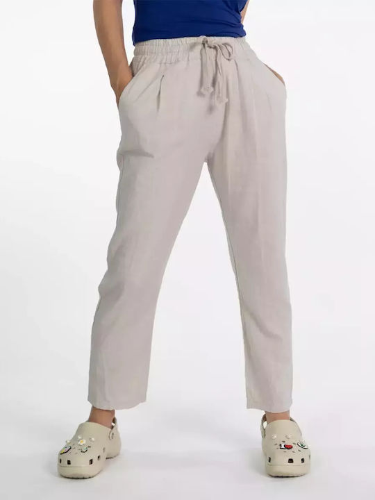 Leinenhose mit weitem Bein und Taschen Beige