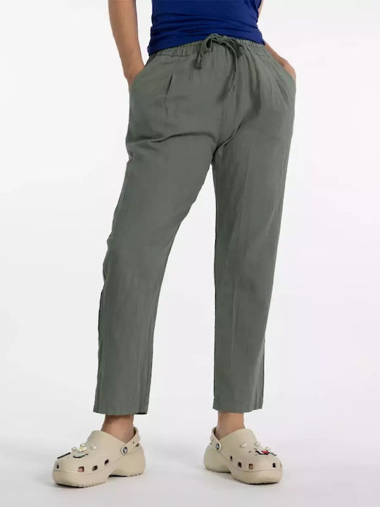 Leinenhose mit weitem Bein und Taschen in Khaki