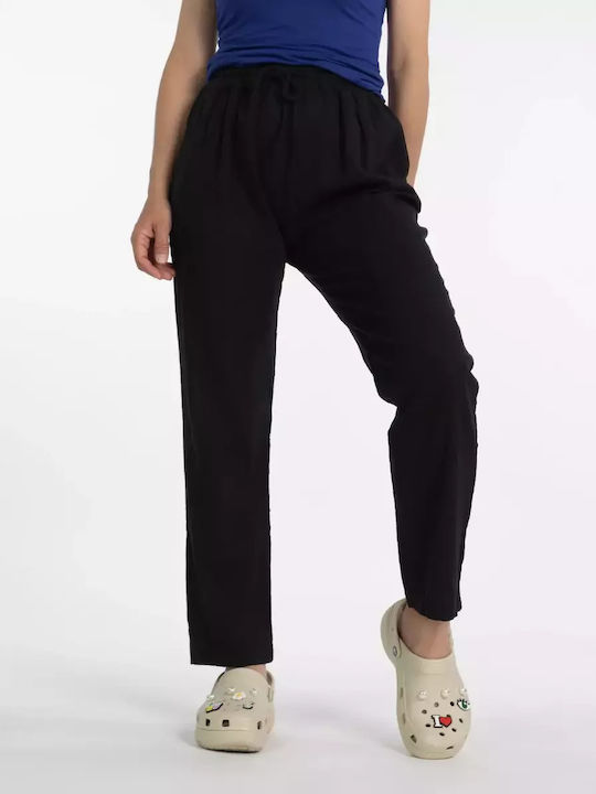 Linen Wide-Leg Trousers with Pockets - Black