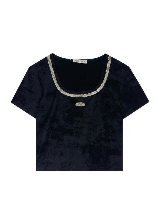 Ustyle Damen Bluse Baumwolle Kurzärmelig Schwarz