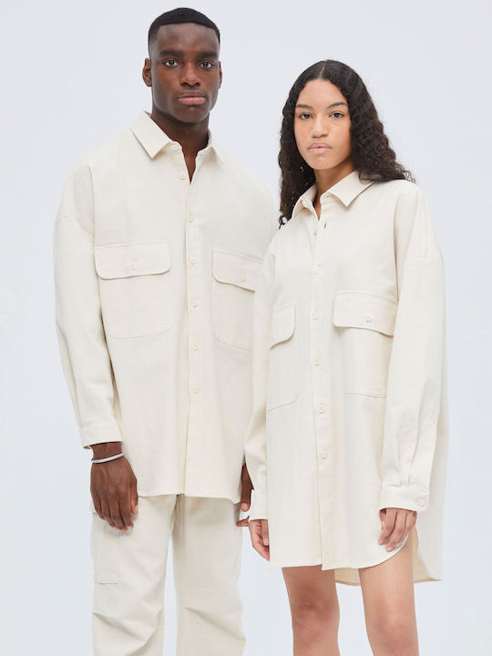 Дълъг Ръкав Лен Overshirt в Прекалено Голяма Линия Бежово