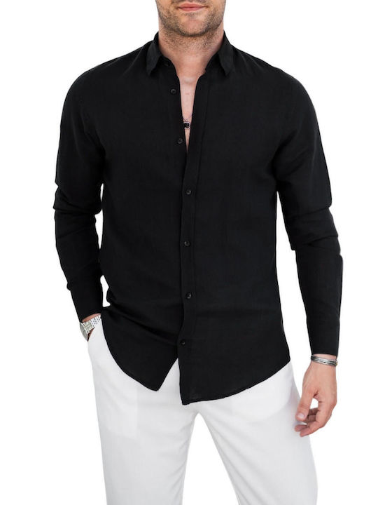 Langärmeliges Leinenhemd Schwarz 800-24-500-Schwarz