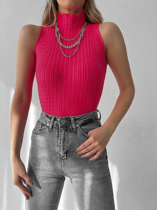 Damen Bluse Ärmelloses Rollkragenpullover Fuchsie