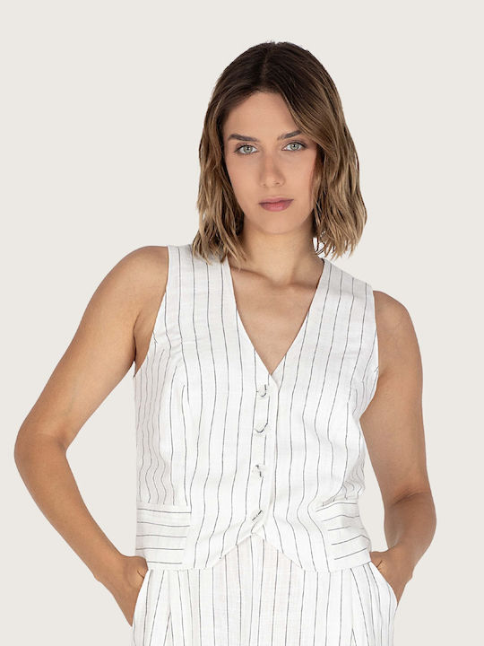 Innocent Women's Summer Blouse Linen Sleeveless Striped White