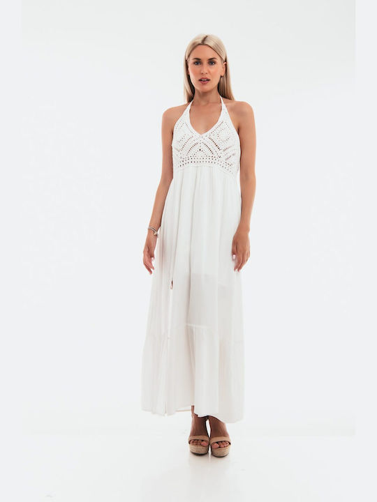 Φόρεμα Συνδυασμό Πλεκτό Κροσέ Λευκό
