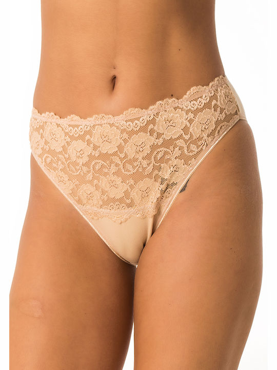 Cotton high-waisted panties with lace - Beige