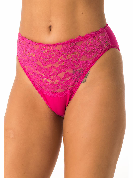 High waisted cotton panties with lace - Fuchsia