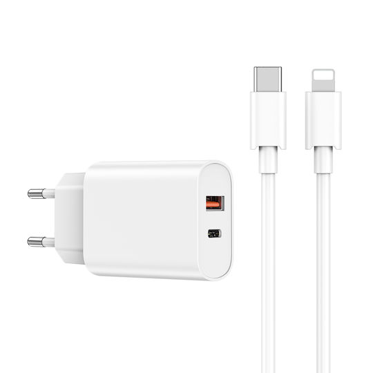 Wiwu с USB-A порт и USB-C порт и кабел USB-C - Lightning 20W Power Delivery / Quick Charge 3.0 Бял (Wi-U002)