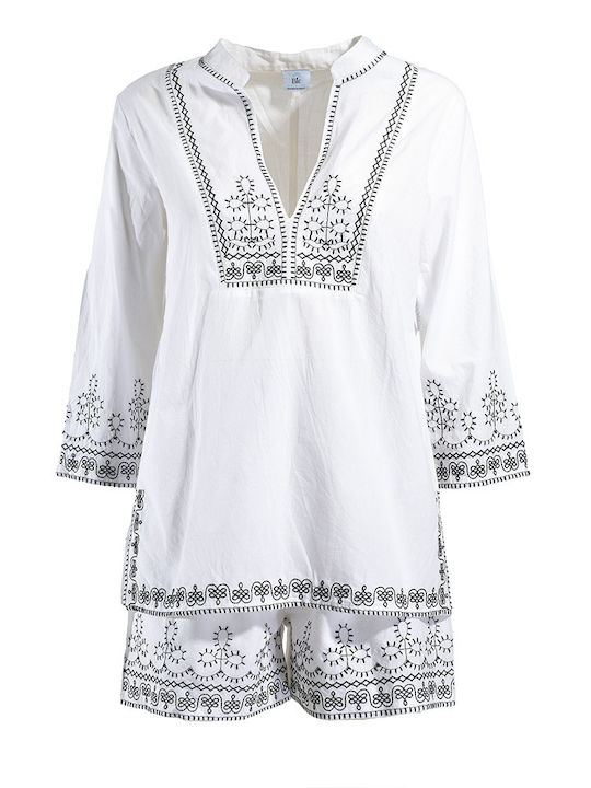 White Black Embroidered Blouse Shorts Set One Size 100% Cotton