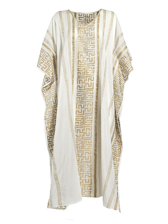 White Long Beachwear Kaftan with Gold Details One Size 100% Cotton