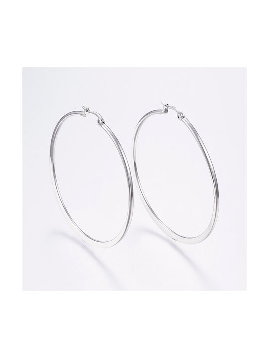 Stainless Steel Flat Silver Hoop Earrings 56mm 1 Pair