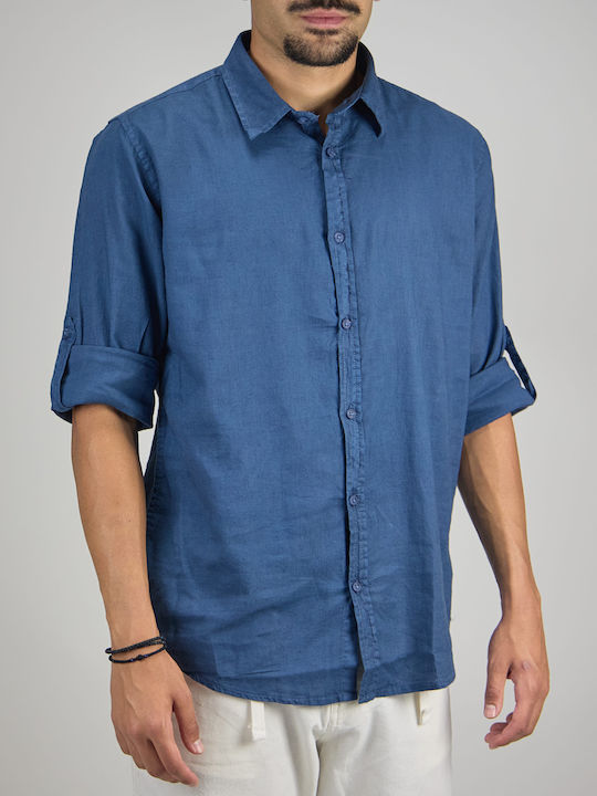 Explorer Men's Shirt Long Sleeve Linen Navy Blue