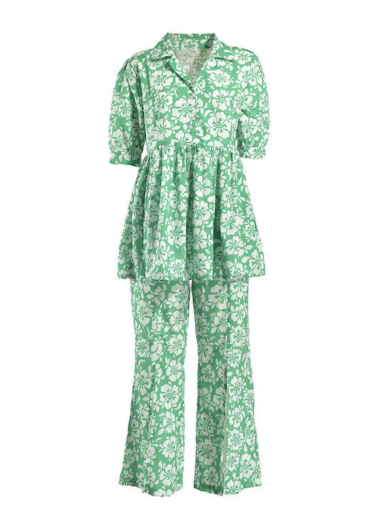 Blue S/2 Shirt Trousers Green White Flowers One Size Polycotton