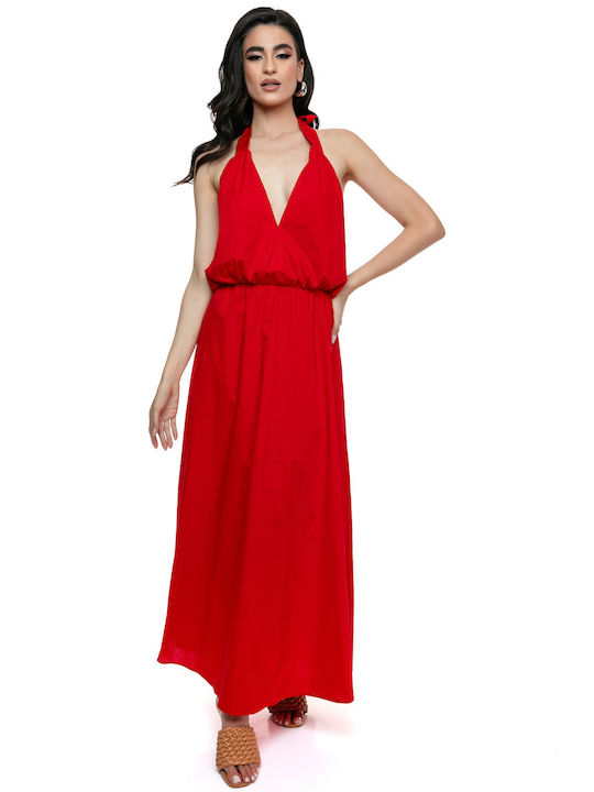 Red Poplin Open Back Dress