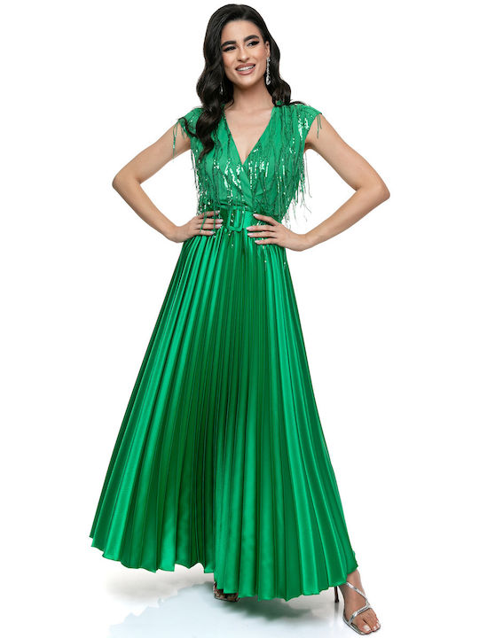 Eindrucksvolles grünes Kleid mit plissiertem Rock und glänzenden Details