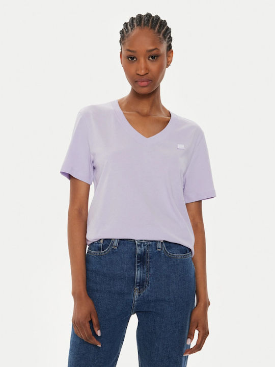 Calvin Klein Badge Women's T-shirt with V Neckline Lilacc