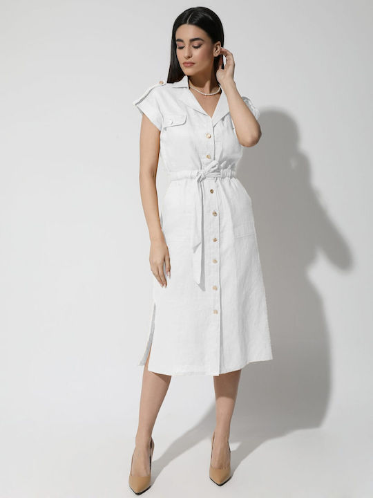 Women's Linen Dress with Belt Aldina 933082 White