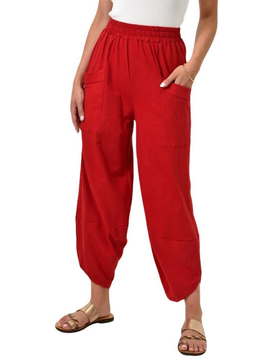 First Woman Women's High-waisted Cotton Trousers with Elastic RED