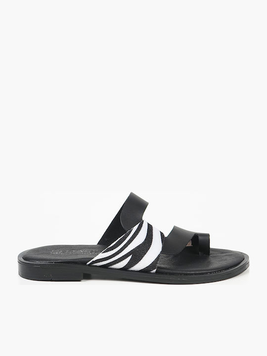 Leather Women's Flat Sandals in Black Color