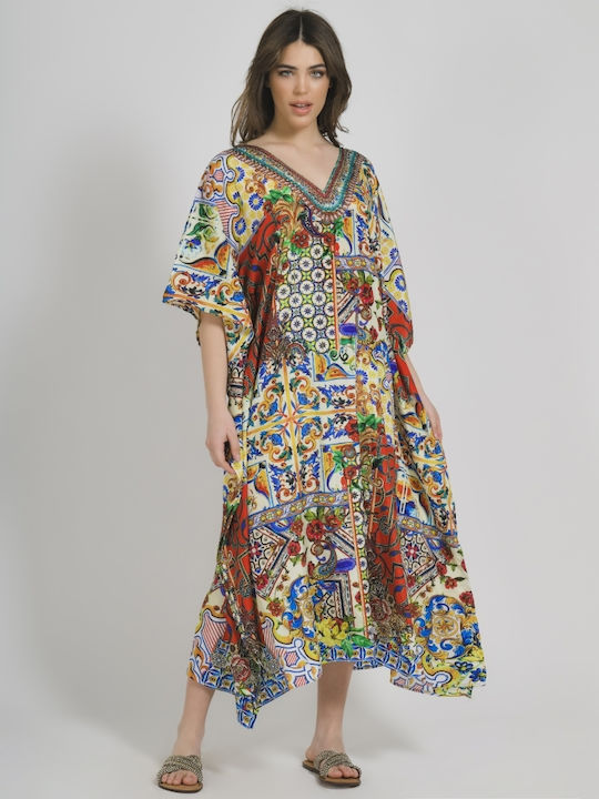 Ble Resort Collection 100% Γυναικείο Μακρύ Καφτάνι Παραλίας Κιτρινο/κοκκινο