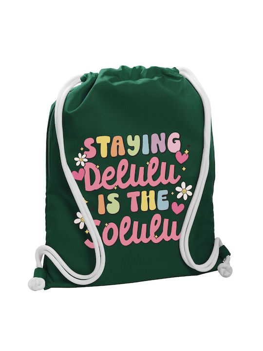 Delulu Drawstring Backpack Gymbag Bottle Green Pocket 40x48cm & Thick White Cords
