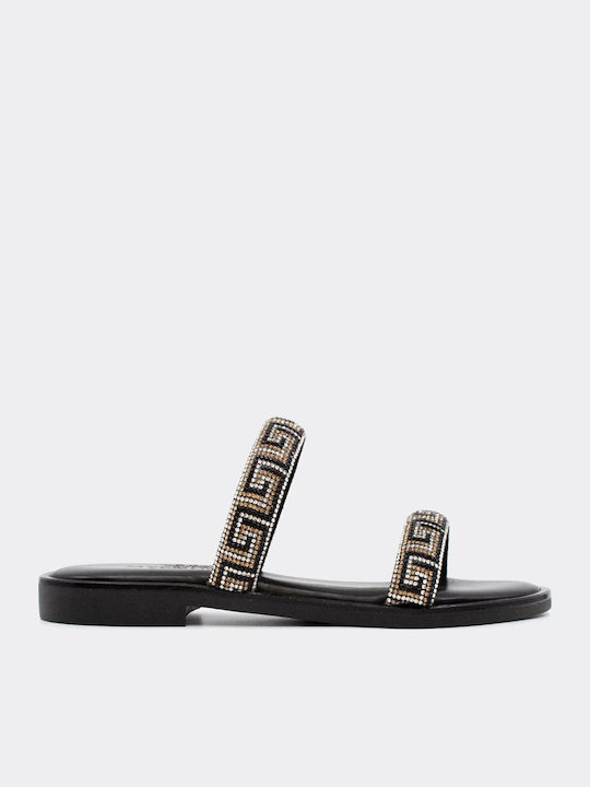 Leather Women's Flat Sandals in Black Color