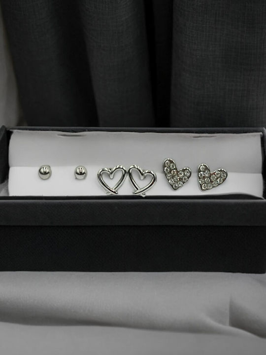 Steel Silver Earrings Set of 3: Ball, Pierced Heart, Heart with Rhinestones