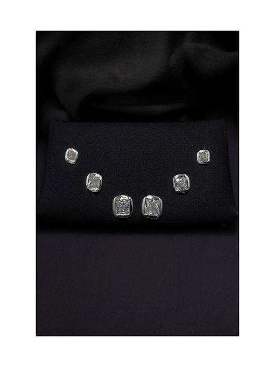 Silver Earrings Set of 3 Square Earrings Transparent Zircon Different Sizes