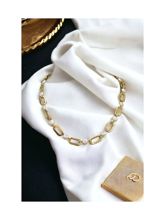 Necklace from Gold Plated Steel with Pearls