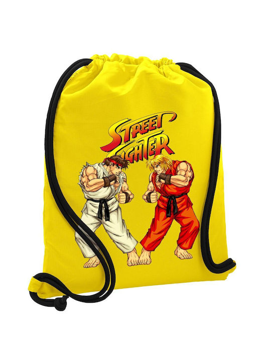 Street Fighter Backpack Bag Drawstring Gymbag Yellow Pocket 40x48cm & Thick Cords